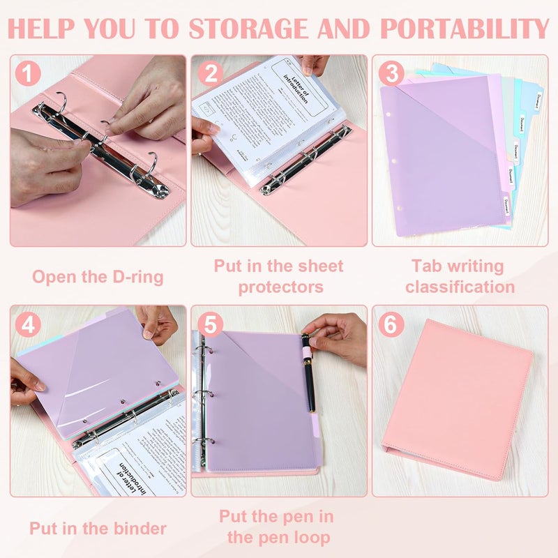WANGDEFA （Half Size）Pu Leather Mini 3 Ring Binder with 5-Tabs Pocket Dividers & 25 Sheet Protectors 5.5 x 8.5 Professional Organizer Cute Organizer Binders 1" D Rings for Small Binder Paper School Office(Pink) - Image 5